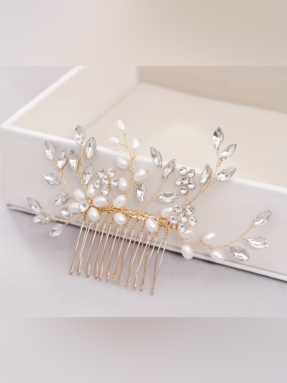 Gold Bridal Hair Comb with White Pearls and Clear Crystals